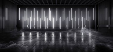 Bilimci Fütürist Duman Arkaplan Beton Beton Beyaz Elektrikli Neon Lazer Öncü Parlayan Işıklar Karanlık Gece Stüdyosu Depo Salonu Sahne Sahnesi Siber 3D Görüntü Görüntüleme