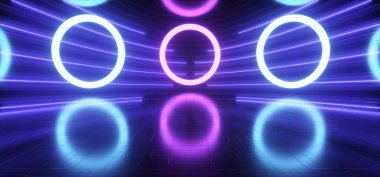 Gelecekçi Bilim Kurgu Arkaplan Daireleri Podyum Gösterimi Neon Parlak Mor Renkli Mavi Kirişler Flüoresan Oval Odası Garaj Sahne Salonu Modern 3D Görüntü