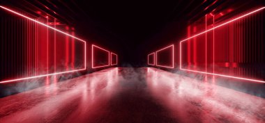 Bilimci Kurgu Dörtgeni Duman Arkaplan Beton Beton Kırmızı Elektrik Elektrikli Neon Lazer Parlayan Işıklar Karanlık Gece Stüdyosu Salon Sahne Sahne Sahnesi Siber 3D