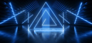 Neon Lazer Üçgeni Uzaylı Uzay Gemisi Tüneli Koridor Arkaplanı Pantone Mavi Parlak Beton Yansıtıcı Siber Koridor 3D Görüntü Çizimi