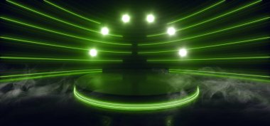 Smoke Sci Fi Futuristic Neon Green Podyum Sentetik Tünel Arka plan Moda Depo Garajı Yeraltı Çimento Okları 3D REndering Illustration