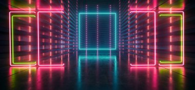 Neon Parıldayan Yansıtıcı Dikdörtgen Boş Tunnel Koridoru Sentetik Arkaplan Turuncu Mavi Elektrikli Lazer Işınlar Uzaylı Uzay Gemisi Sanal 3D Çizim Çizimi