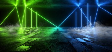 Duman Bilimi Uzaylı Geleceği Kurgu Boş Çimento Döşeme Döşeme Döşeme Parlak Gen Mavi Lazer Işıklar Siber Sentetik Depo Yeraltı 3D