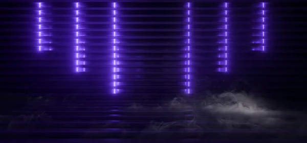 煙ネオン輝く背景青バイオレットレーザーストリップ金属反射構造表彰台倉庫室ガレージ暗い夜空の形状3Dレンダリングイラスト — ストック写真