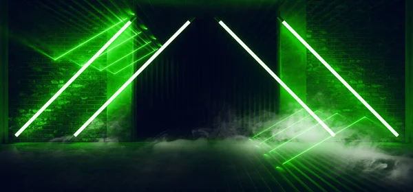 Smoke Neon Glowing Background Green Laser Striped Metal Reflective Structure Podium Stage Warehouse Room Hall Garage Dark Night Empty Shape 3D Rendering  Illustration