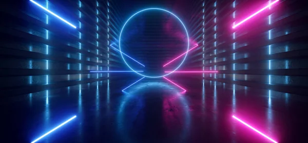 Neon Glowing Reflective Circle Empty Tunnel Corridor Synthwave Synthwave Background — 스톡 사진