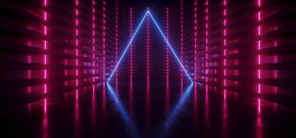 Neon Leuchtend Reflektierendes Dreieck Leerer Tunnelkorridor Synthwellenhintergrund Lila Rot Blau — Stockfoto
