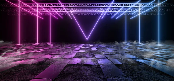 煙科学Fiエイリアン三角形未来的背景空のラフコンクリートセメントタイルテクスチャ青レーザーネオンライトサイバー合成波倉庫地下3Dレンダリングイラスト — ストック写真