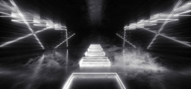 SCi Fi Fütürist Metal Yansıtıcı Şematik Döşeme Döşeme Gerçekçi Neon Parlak Lazer Yayı Beyaz Elektrik Şekli Boş Arkaplan 3B Çizim Çizimi