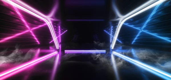 Sci Fi未来金属反射光条纹现实主义现代中子发光激光三角光束蓝紫色红电弧空背景3D渲染画图 — 图库照片