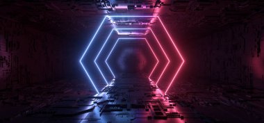 SCi Fi Fütüristik Metal Yansıtıcı Şematik Döşeme Döşeme Gerçekçi Neon Parlayan Lazer Kapısı Yayı Mavi Mor Kırmızı Elektrik Şekli Boş Arkaplan 3B Resim