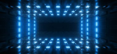 Bilimsel Kurgu Mavisi Parlak Arkaplan Lazer Işıkları Tünel Koridoru Uzaylı Gemisi Yansıtıcı Metal Garaj Deposu Siber 3D Çizim