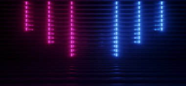 Neon Parlayan Arkaplan Mor Mor Lazer Çizgili Metal Yansıtıcı Yapı Podyum Sahne Deposu Salon Garajı Karanlık Gece Boş Şekil 3D Resim