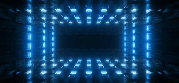 Sci Fi Futuristic Electric Blue Glowing Background Laser Neon Lights Tunnel Corridor Space Alien Ship Dark Night Reflective Metal Garage Warehouse  Cyber 3D Rendering Illustration