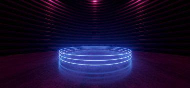 Sahne Podyumu Mor Parlak Mor Mavi ALien Bilim Kurgu Fütüristik Beton Yansıtıcı Depo Garajı Boş Arkaplan Gösterim Odası 3D Resim Hazırlama