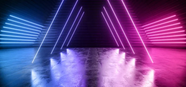 Neon Synthwave  Cyber Purple Blue Cyberpunk Triangle Warehouse Tunnel Corridor Concrete Cement Asphalt Laser Beams Club Dance Stage Fashion Parking Garage 3D Rendering Illustration