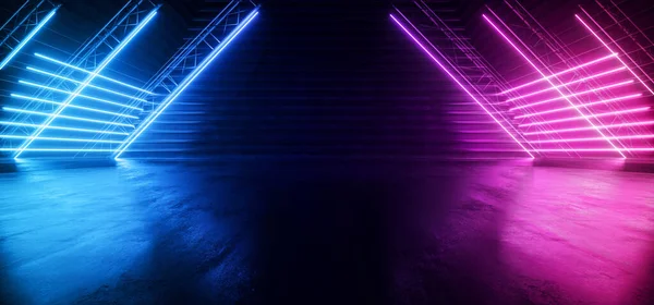 Neon Synthwave Cyber Purple Blue Cyberpunk Triangle Warehouse Tunnel Corridor — 스톡 사진