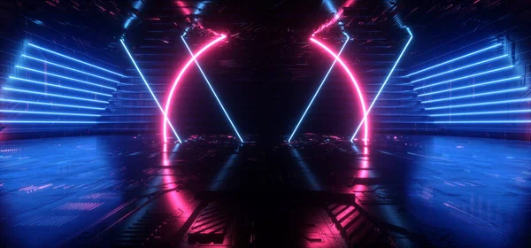 Neon Synthwave Cyber Red Blue Cyberpunk Circle Warehouse Dark Corridor — Stockfoto