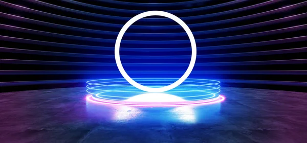 Jeviště Pódium Neon Oválný Kruh Místnost Hall Žhnoucí Modrá Fialová — Stock fotografie