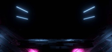 Sci Fi Alien Stage Podium Futuristic Showcase Showroom Platform Tunnel Corridor Garage Motherboard Chip Schematic Texture Realistic Glowing Blue Purple Vibrant Dark Background 3D Rendering illustration clipart