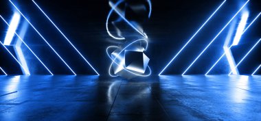 Gelecekçi Siber Neon Parlayan Mavi Parlak Çizgiler Soyut Şekil Kulüp Moda Yeraltı Garajı Depo Tüneli Koridoru Sentetik Lazer Arkaplan 3D