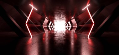 Bilimci Fütüristik Beton Yansıtıcı Metal Yeraltı Koridoru Koridoru Parlayan Lazer Neon Led Sütunları Boş Alan Arkaplanı 3D Resim Hazırlama