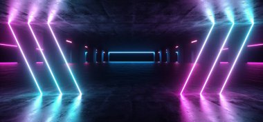 Bilim Kurgu Sentetik Geleceği Mor Mavi Yeraltı Şov Salonu Karanlık Gece Kulübü Beton Yüzey Yansımaları Uzaylı Uzay Gemisi Arkaplanı 3D Çizimi