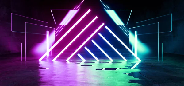 Neon Sci Fi Futuristic Triangle Construction Glowing Red Purple Blue Cyber Glass Plates Stage Podium Club Fashion Event Show Concrete underground Dark background Synthwave 3D Rendering Illustration