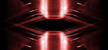 Bilimci Fütüristik Beton Yansıtıcı Metal Yeraltı Koridoru Parlayan Lazer Neon Led Kırmızı Sütunlar Boş Alan Arkaplanı 3D Görüntü