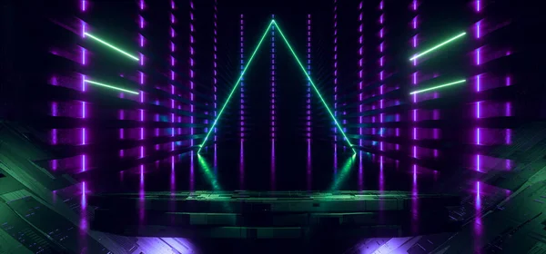 Neon Sci Fi Futuristic Cyber Green Triangle Purple  Glowing Stage Podium Showroom Empty Schematic Textured Tunnel Corridor Background Alien Spaceship Cyberpunk Synthwave 3D Rendering Illustration