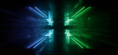 Neon Lazer Şema Şeması Doku Mavi Lazer Uzaylı Uzay Gemisi Karanlık Gece Showroom Depo Tüneli Koridoru Boş Alan Arkaplan 3D Çizim Çizimi