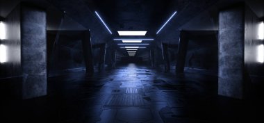 Bilim Kurgu Gelecekçi Beton Şematik Parlak Mavi Parlak Lazer Sütun Tüneli Karanlık Gece Deposu Gösterim Odası Sanal Sentetik Sanal Resim