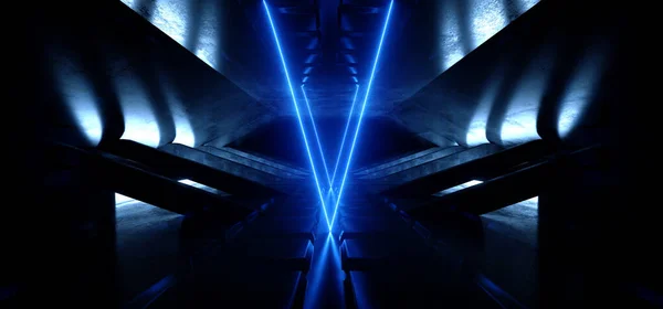 Neon Laser Schematic Motherboard Texture Triangle Arc Blue Laser Alien Spaceship Dark Night Showroom Parking Warehouse Tunnel Corridor Empty Space Background 3D Rendering Illustration