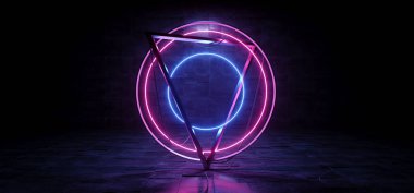 Siber Neon Bilim Kurgu Futuristik Piramit Çemberi Kablolar Mor Mavi Beton Yansıtıcı Grunge Zemin Kara Gece Sanal Sanal Gerçeklik Lazerleri 3D Görüntü