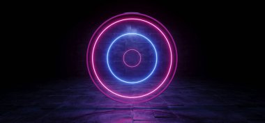 Siber Neon Bilim Kurgu Futuristik Çember Kablolar Parlayan Mor Mavi Beton Yansıtıcı Grunge Zemin Kara Gece Sanal Gerçeklik Lazerleri 3D Görüntü