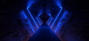 Neon Mavisi Parlayan Parlak Bilim Kurgu Fütüristik Tünel Uzaylı Uzay Gemisi Karanlık Gece Boş Şema Şeması Sanal Doku Sanal Teknolojisi 3D Resim Çizimi