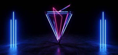Siber Neon Bilim Kurgu Futuristik Piramit Kablolar Mavi Mor Beton Yansıtıcı Grunge Zemin Kara Gece Sanal Gerçeklik Lazerleri 3D Görüntü