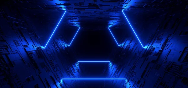 stock image Neon Cyber Blue Glowing Vibrant Sci Fi Futuristic Tunnel Corridor Alien Spaceship Dark Night Empty Triangle Schematic Motherboard Texture Cyber Technology 3D Rendering Illustration