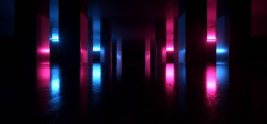 Neon Lazer Bilim Kurgu Fütüristik Mor Parlak Flüoresan Işıklar Asfalt Çimento Stüdyo Deposu Koridoru Yeraltı Çimento Zemin Zemini Gecesi Karanlık Sanal Gerçeklik Çizimi