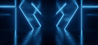 Neon Lazer Bilim Kurgu Fütüristik Mavi Parlak Flüoresan Işıklar Asma Çimento Üçgen Depoyu Yeraltı Çimento Zemin Zemini Gecesi Sanal Sanal Gerçeklik Çizimi