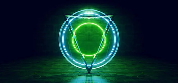 Neon Laser Sci Circle Green Blue Futuristic Concrete Grunge Hall — Stock fotografie