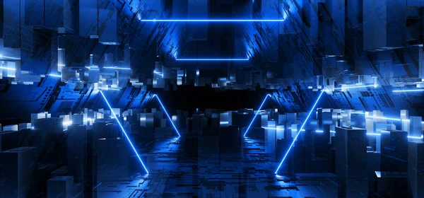 Sci Futuristic Schematic Textured Tunnel Corridor Alien Spaceship Cyberpunk Blue — Stock fotografie