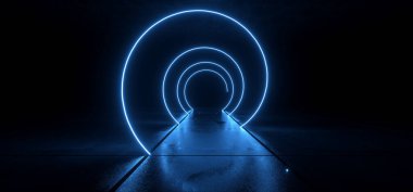 Siber Yeraltı Tüneli Koridoru Neon Işın Mavili Sarmal Lazerler Parlayan Mavi Canlı Beton Döşeme Boş Karanlık Arkaplan Uzay Gemisi Sci Fi 3D Çizim