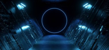 Neon Blue Dark Metal Şematik Uzaylı Uzay Gemisi Depo Tüneli Koridor Koridoru Sci Fi Boş Çimento Beton Asfalt Arkaplan 3D Resim