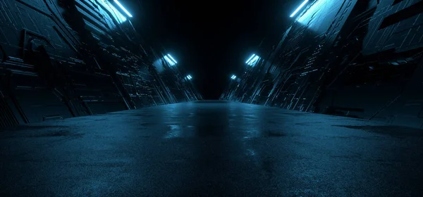 Neon Blue Dark Metal Schematic Textured Alien Spaceship Warehouse Tunnel — 스톡 사진