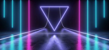 Üçgen Çizgisi Şekillendirilmiş Neon Parlayan Garaj Sentetiği Sanal Bilim Kurgu Fotografı Geleceğin Beton Odası Mor Mavi Beton Kırmızısı Grunge Işıkları Flüoresan Lazer Gösterimi 3 boyutlu Görüntü Oluşturma
