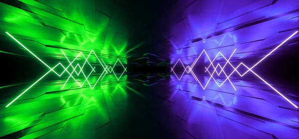 Soyut Bilim Kurgu Neon Sentetik Sanal Parlak Sanal Parlak Mor Işıklar Dans Gecesi Sahnesi Metal Döşemeler Yansıtıcı Lazer Arkaplan 3B Resim