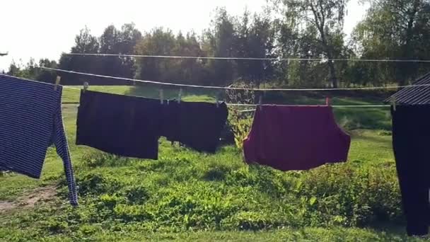 Footage Clothes Drying Clothesline Backyard Rural House — Stockvideo