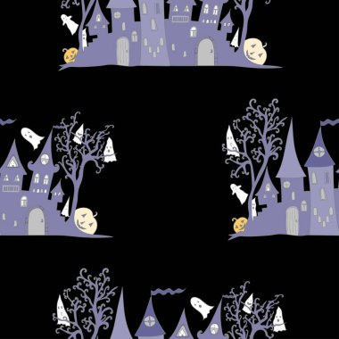 Perili ev, ağaçlar ve sevimli hayaletlerle dolu kusursuz bir cadılar bayramı geçmişiniz kutlu olsun. Vektör çizimi. Reklam, kart, broşür, poster için dekoratif desen.