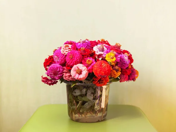 Mooie Heldere Kleurrijke Zinnia Bloemen Een Boeket Sierplanten — Stockfoto